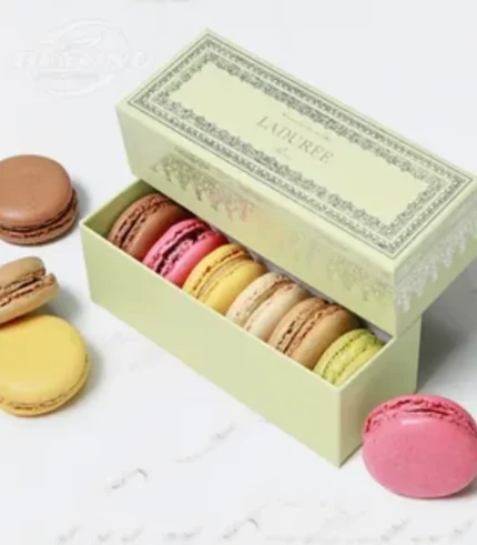 Custom macaron food boxes designed for bakery and retail display.